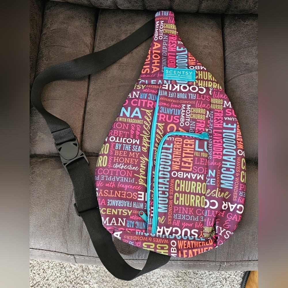 NWOT Colorful Scentsy Sling Bag with Text Design​​